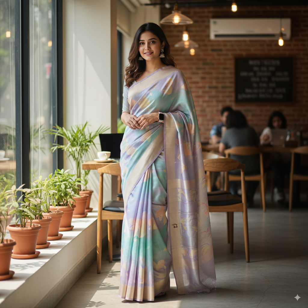 Full-body shot of a young Mumbai woman smiling confidently in a contemporary nano banana saree with digital prints in soft pastel shades of lavender, mint green, and peach. She stands in a modern, naturally lit cafe next to a window lined with potted plants, wearing delicate earrings and a smart watch.