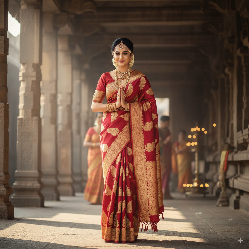 Full-length portrait of a smiling South Indian woman in a rich red silk saree with intricate gold zari work and banana leaf motifs, adorned with traditional gold jewelry and flowers in her hair, standing gracefully with hands folded in a temple corridor illuminated by soft morning light.