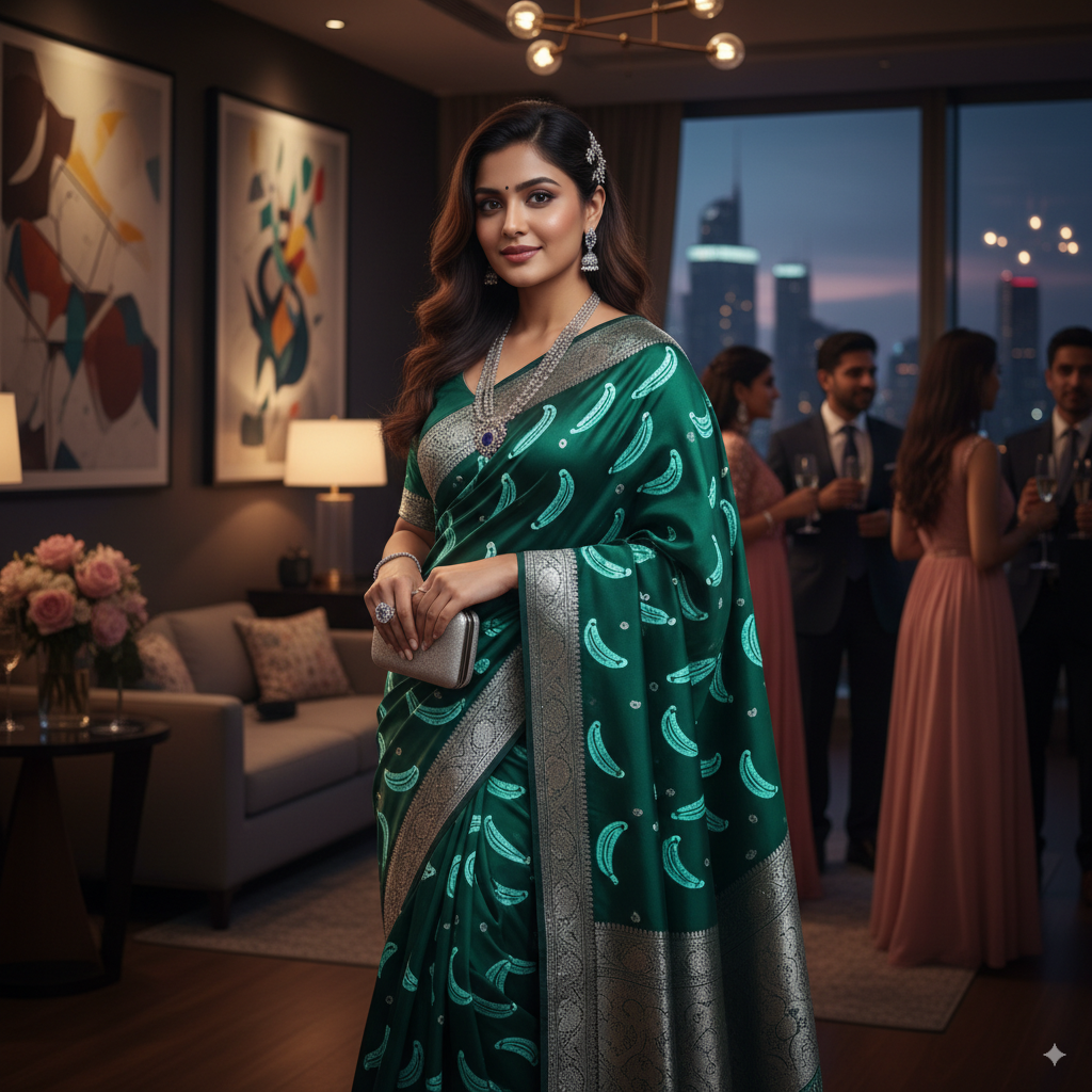 An elegant woman in a deep emerald green banana saree with intricate silver banana motifs and a rich border, adorned with diamond jewelry, attending a sophisticated evening event. The background shows a modern apartment with city lights in the distance.