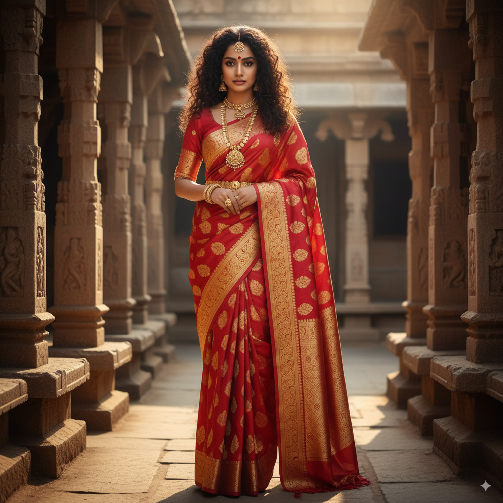 South Indian woman in red silk nano banana saree with gold zari banana leaf motifs - AI-generated by Google Gemini, traditional temple jewelry, historic temple courtyard morning light, 4K realistic