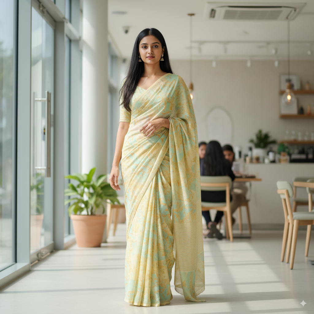Young Mumbai woman in contemporary pastel yellow-green nano banana saree with digital print - AI saree design, modern café natural lighting, casual confident pose, 4K quality