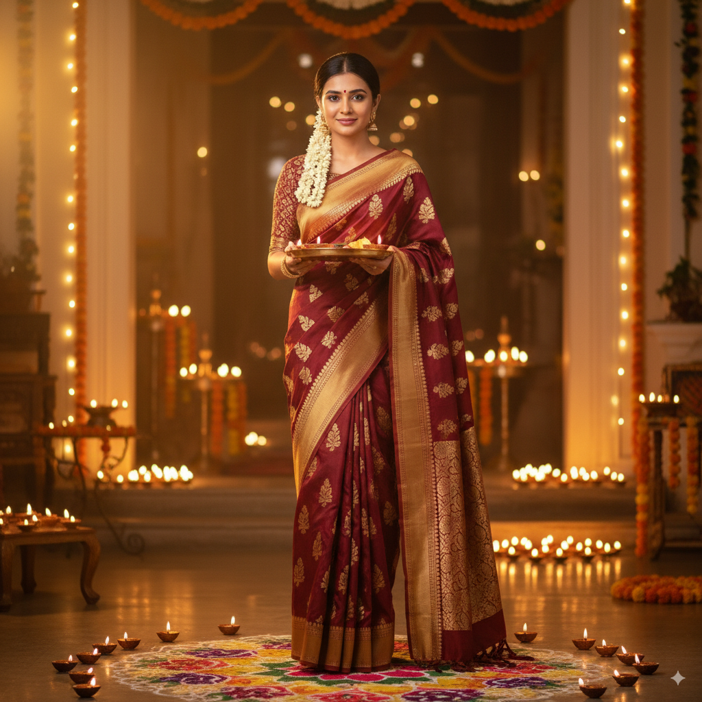 North Indian woman in grand maroon-gold nano banana saree for Diwali - banana flower zari work, decorated home with diyas and rangoli, holding puja thali, festive AI-generated design