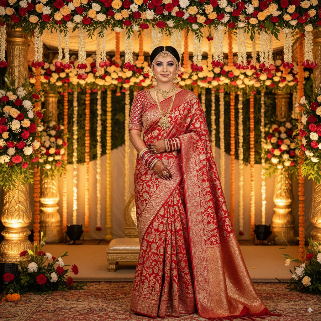 Indian bride in red silk nano banana saree with heavy embroidery - gold-silver zari banana motifs, wedding mandap floral decorations, mangtika and chooda, 8K photorealistic AI saree
