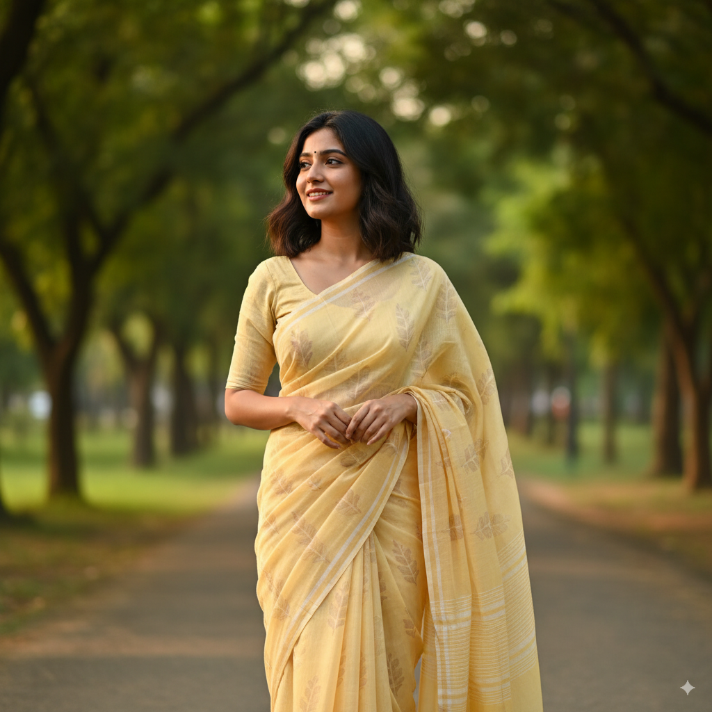 Young Indian professional woman in casual pastel yellow nano banana saree - lightweight cotton with subtle banana print, park evening walk, candid pose, high-quality fabric texture