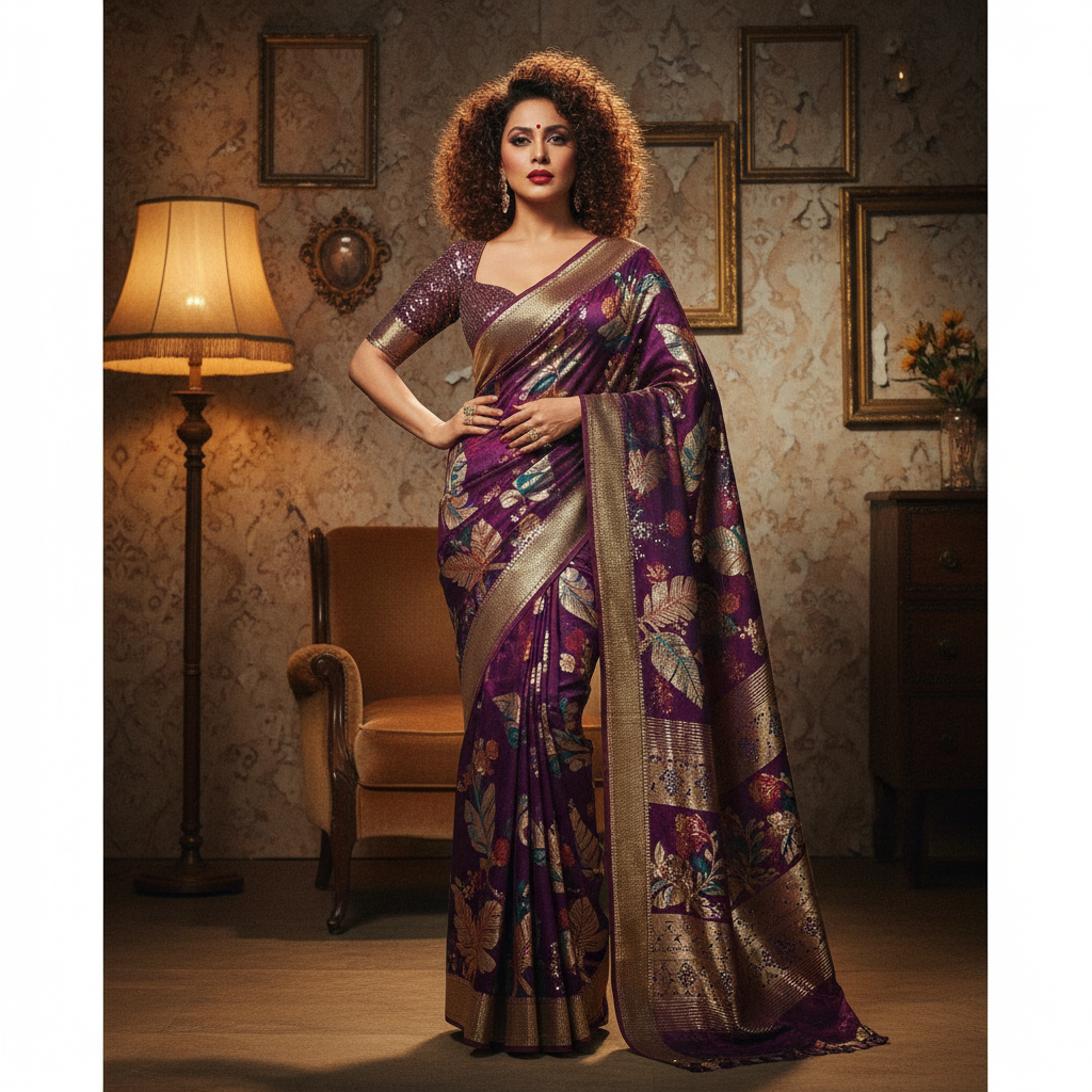 90s Bollywood diva styled actress in purple-gold nano banana saree - sequin work, retro movie set vintage props, warm studio lighting, classic Bollywood pose, AI fashion design